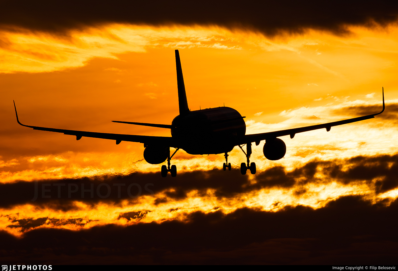 Silhouette of a passenger airplane landing against an orange sunset sky